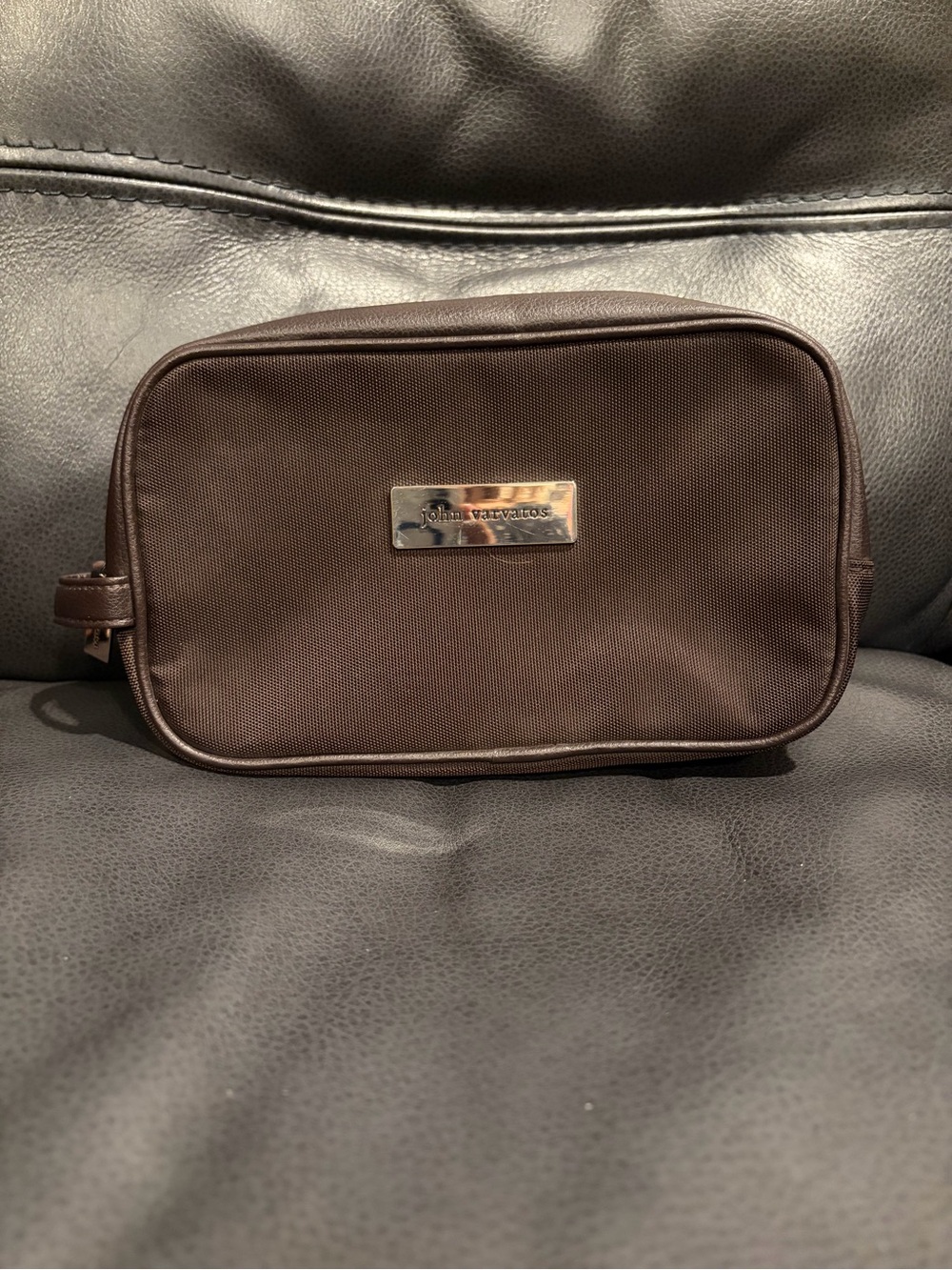 John Varvatos Brown Men's Toiletry Pouch with Metal Logo Plate